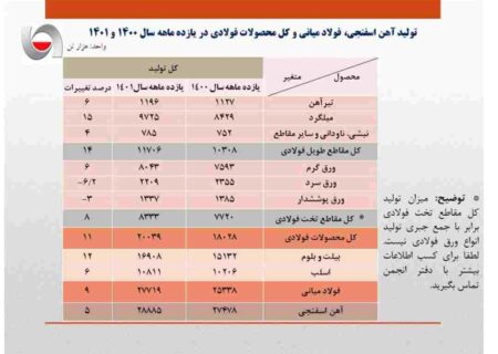 رشد ۹ درصدی تولید فولاد ایران در ۱۱ ماهه سال جاری/ جزئیات کامل تولید فولاد میانی، محصولات فولادی و آهن اسفنجی+ جدول